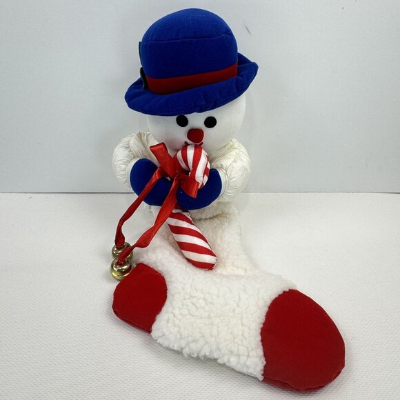 Vintage Snowman Christmas Stocking Parachute Fabric Sherpa Hat Candy Cane 24" - Picture 5 of 16